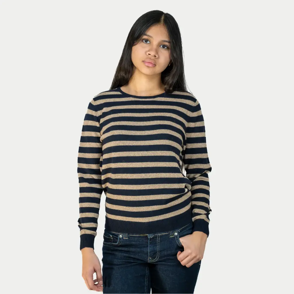 Pull à rayures bicolore col rond – cachemire 2 fils