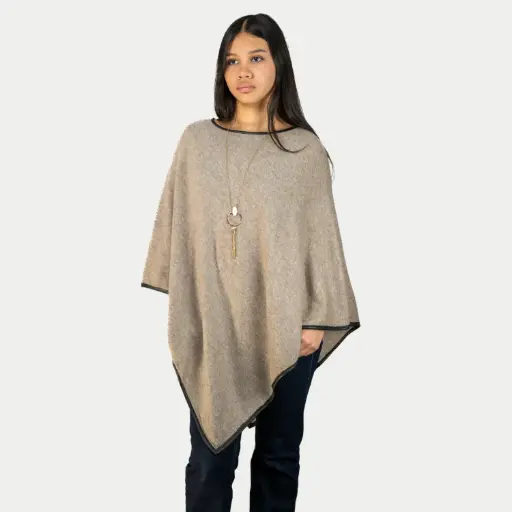 Poncho cachemire bordure en cuir noir