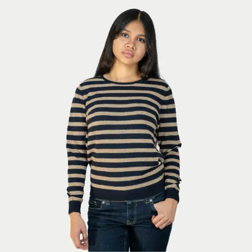 Pull à rayures bicolore col rond – cachemire 2 fils